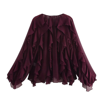 Women's blouses with ruffles, semi-sheer, casual, for spring, fairy-like style, with long sleeves.