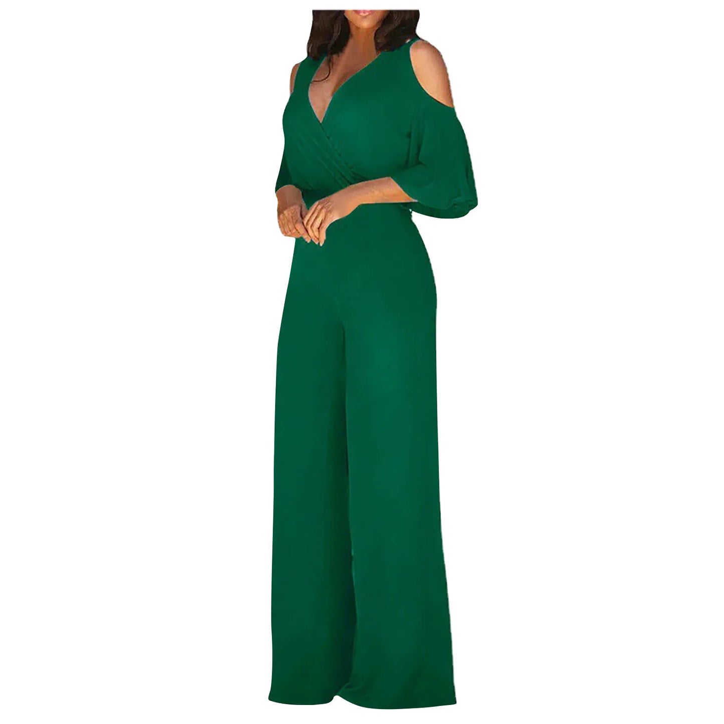 Women's Jumpsuit with Cutout Shoulder, Elegant 3/4 Sleeves, Wide Leg, and Wrap Neckline