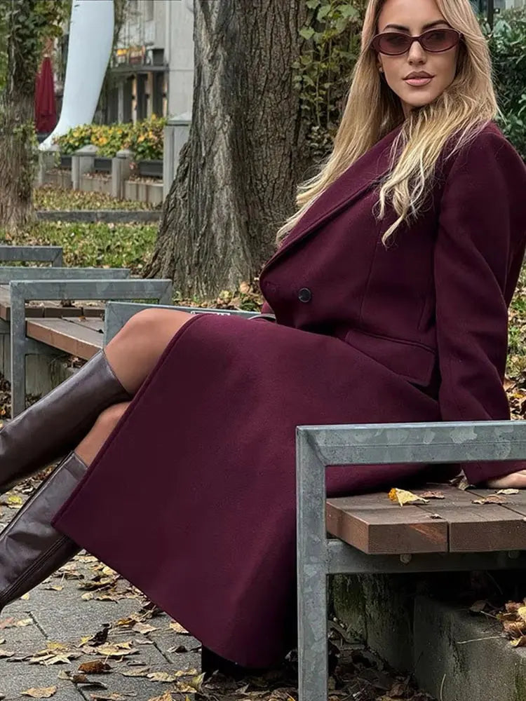 Women's Long Tailored Coat, Wine Color, Elegant Winter Overcoat