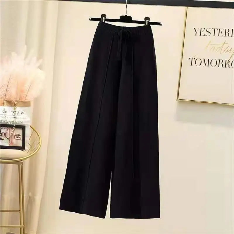 Women's Wide Leg Knit Pants for Winter, High Waist and Adjustable Drawstring