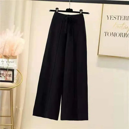 Women's Wide Leg Knit Pants for Winter, High Waist and Adjustable Drawstring