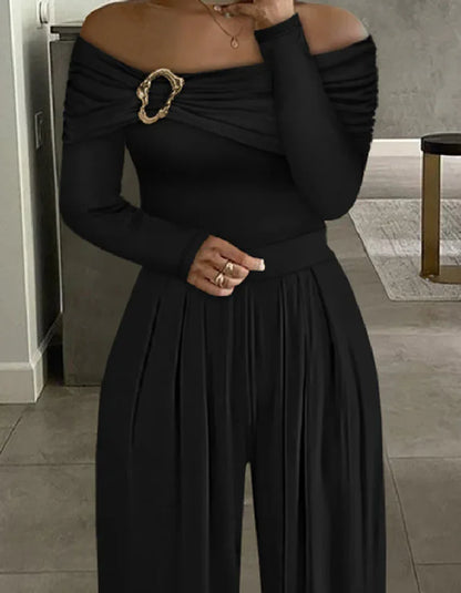 Women's Black Off-the-Shoulder Jumpsuit with Gold Buckle