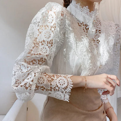 Women's Vintage Lace Blouse with High Neck and Puff Sleeve
