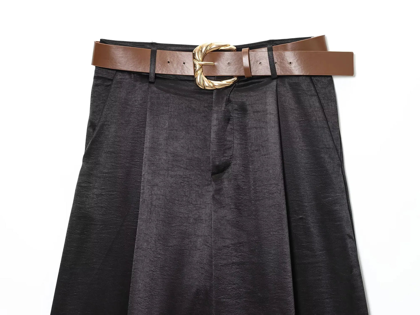 Women's Wide Leg Trousers with Belt, Elegant, Satin Tailored Fabric, High Waist