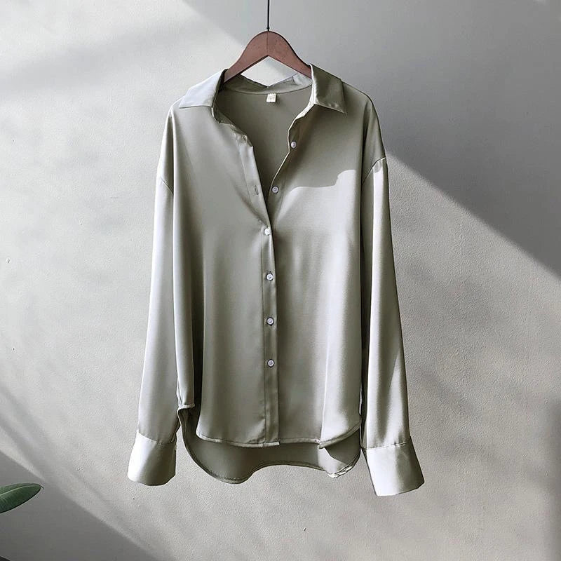 Elegant Women's Satin Long-Sleeved Shirt for Casual or Formal Looks
