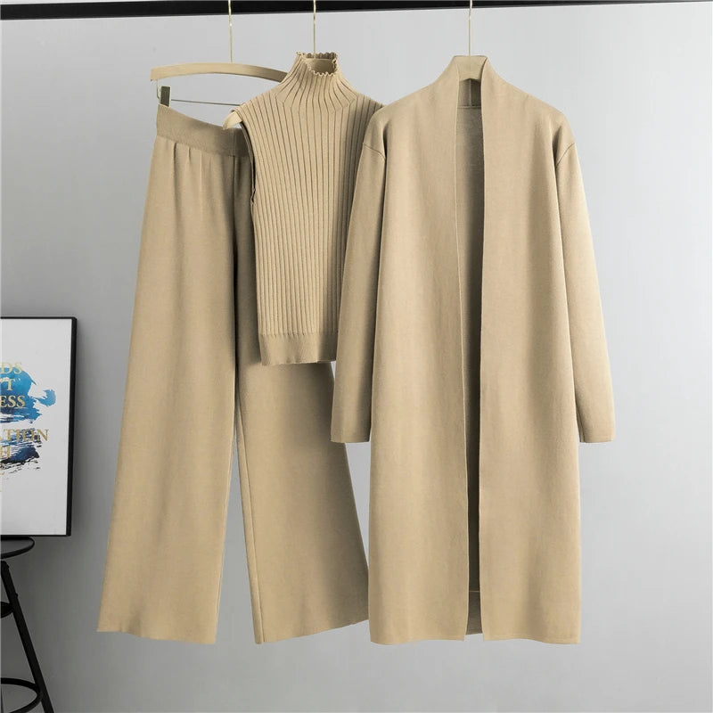 Women's 3-Piece Knit Set: Long Cardigan, Wide Leg Pants, and Turtleneck Top