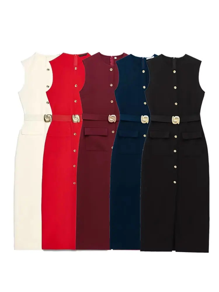 Women's Midi Formal Dress with Buttons and Slit