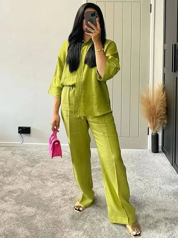 Women's Linen Set | Oversized Shirt and Wide Leg Pants