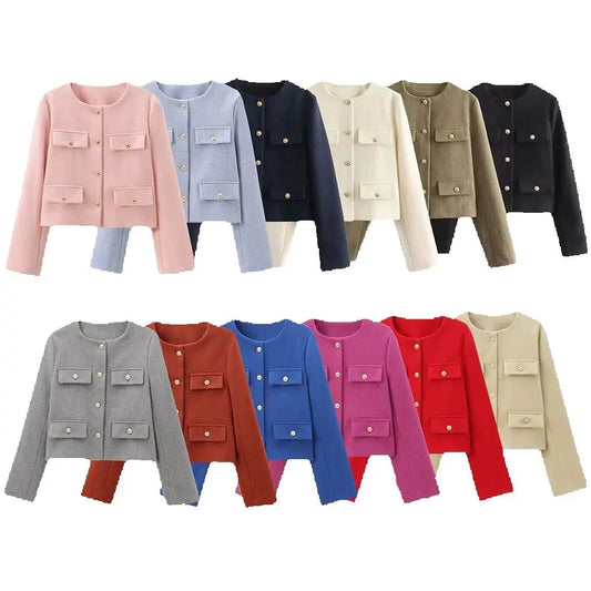 Women's Short Tweed Jacket with Buttons, Elegant Style