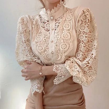 Women's Vintage Lace Blouse with High Neck and Puff Sleeve