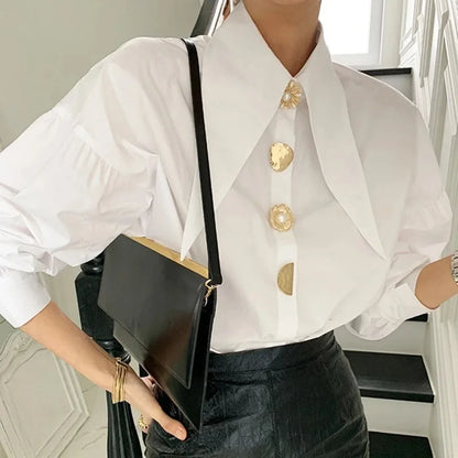 Women's White Dress Shirt with Gold Buttons and Overlap Collar
