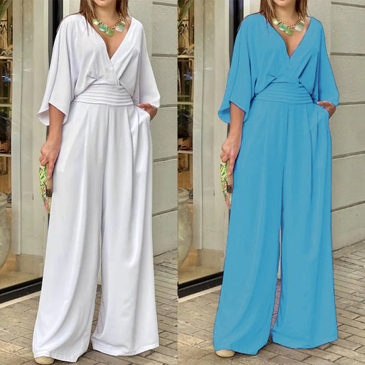 Women's Jumpsuit with Wide-Leg Pants, Flare Sleeves, and Crossover Neckline