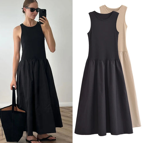 Women's Elegant Casual Cotton Tank Top Midi Dress, Black or Beige