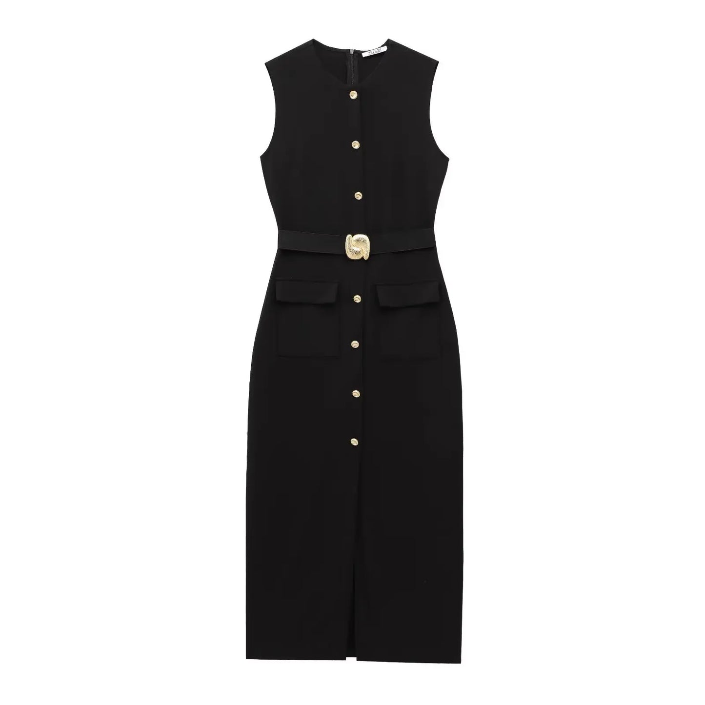 Women's Midi Formal Dress with Buttons and Slit