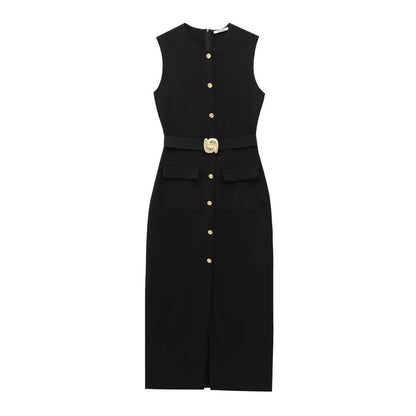 Women's Midi Formal Dress with Buttons and Slit