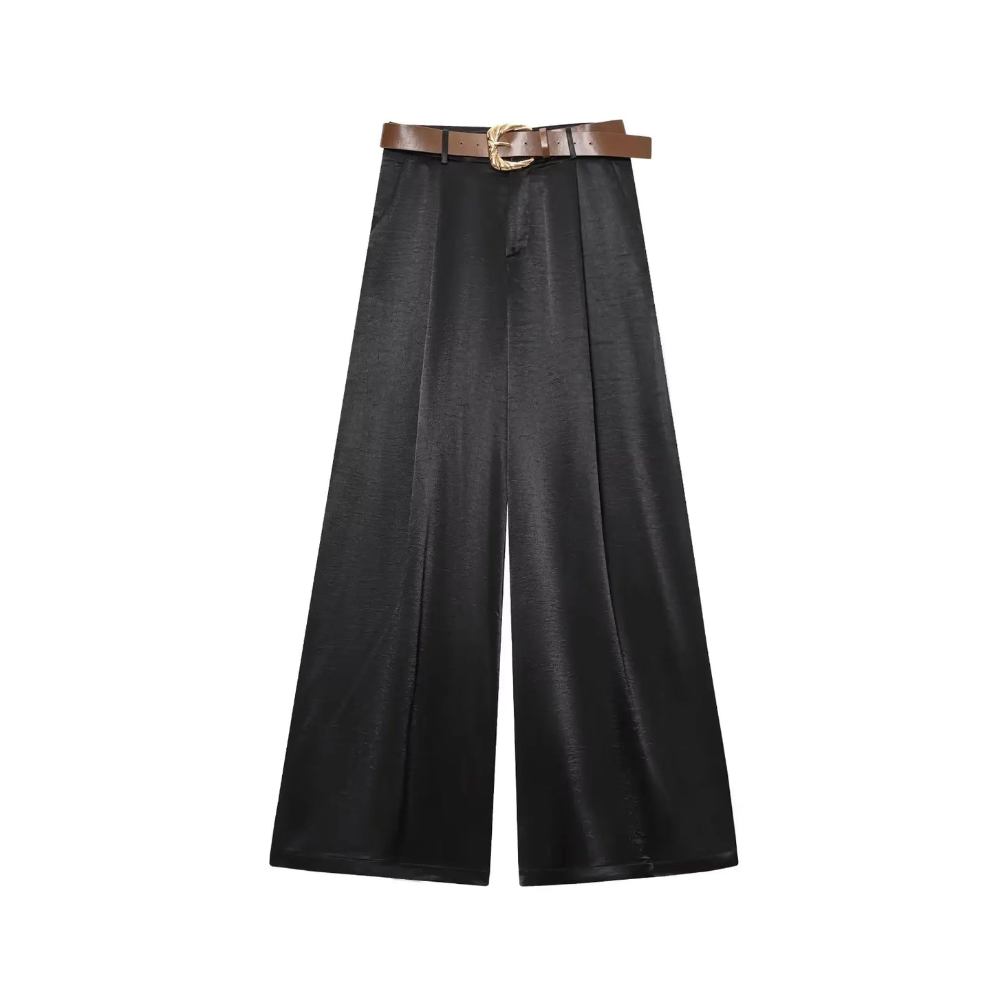 Women's Wide Leg Trousers with Belt, Elegant, Satin Tailored Fabric, High Waist