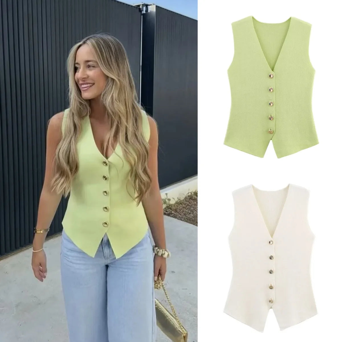 Women's Knit Vest with Gold Buttons, Fitted Waist, Sleeveless, Elegant and Versatile
