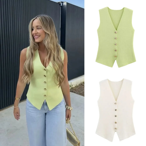 Women's Knit Vest with Gold Buttons, Fitted Waist, Sleeveless, Elegant and Versatile