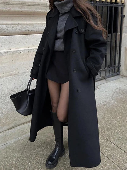 Women's Oversized Black Long Coat for Winter, Elegant, Street Chic Style