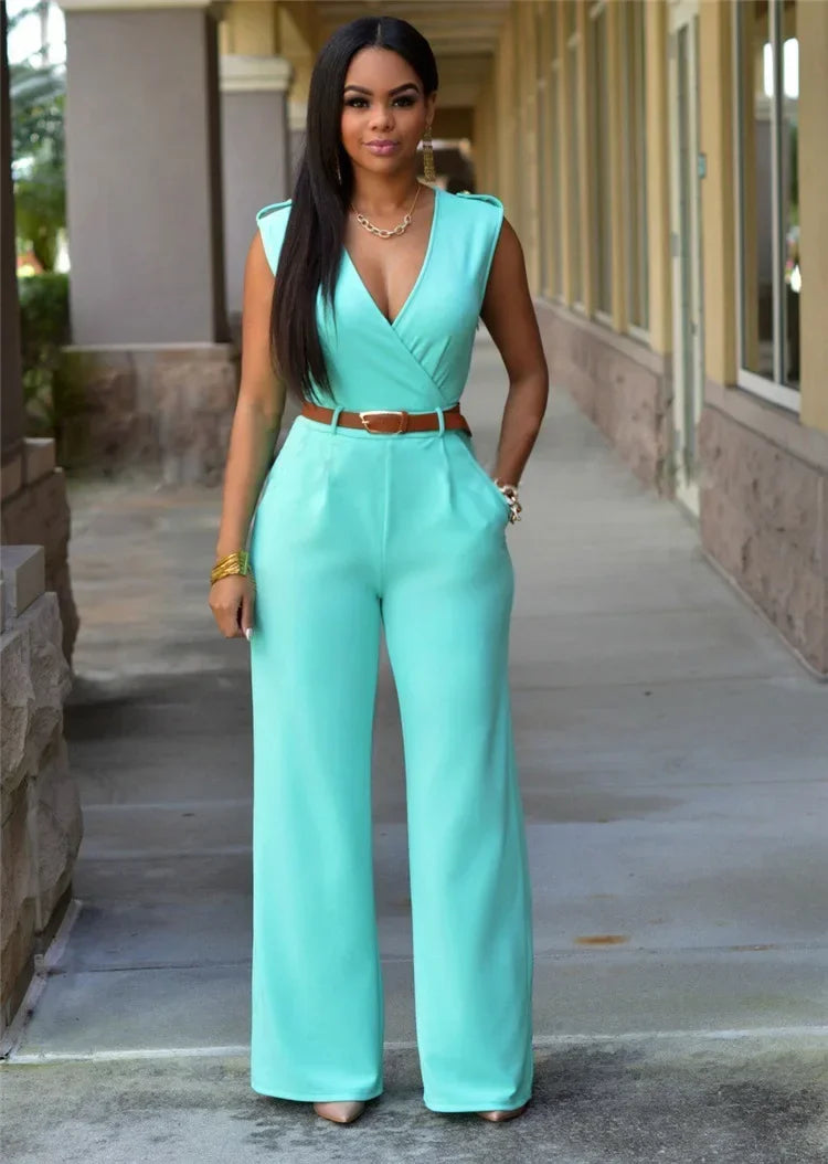 Elegant Women's Jumpsuit with Deep V-Neck, Wide-Leg Pants, and Modern Tailored Style