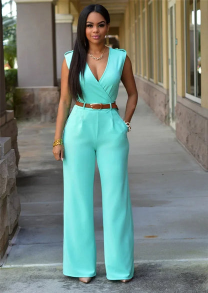 Elegant Women's Jumpsuit with Deep V-Neck, Wide-Leg Pants, and Modern Tailored Style