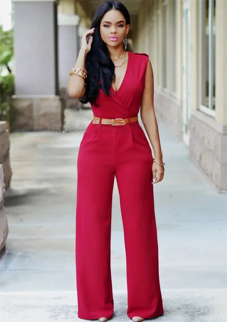 Elegant Women's Jumpsuit with Deep V-Neck, Wide-Leg Pants, and Modern Tailored Style