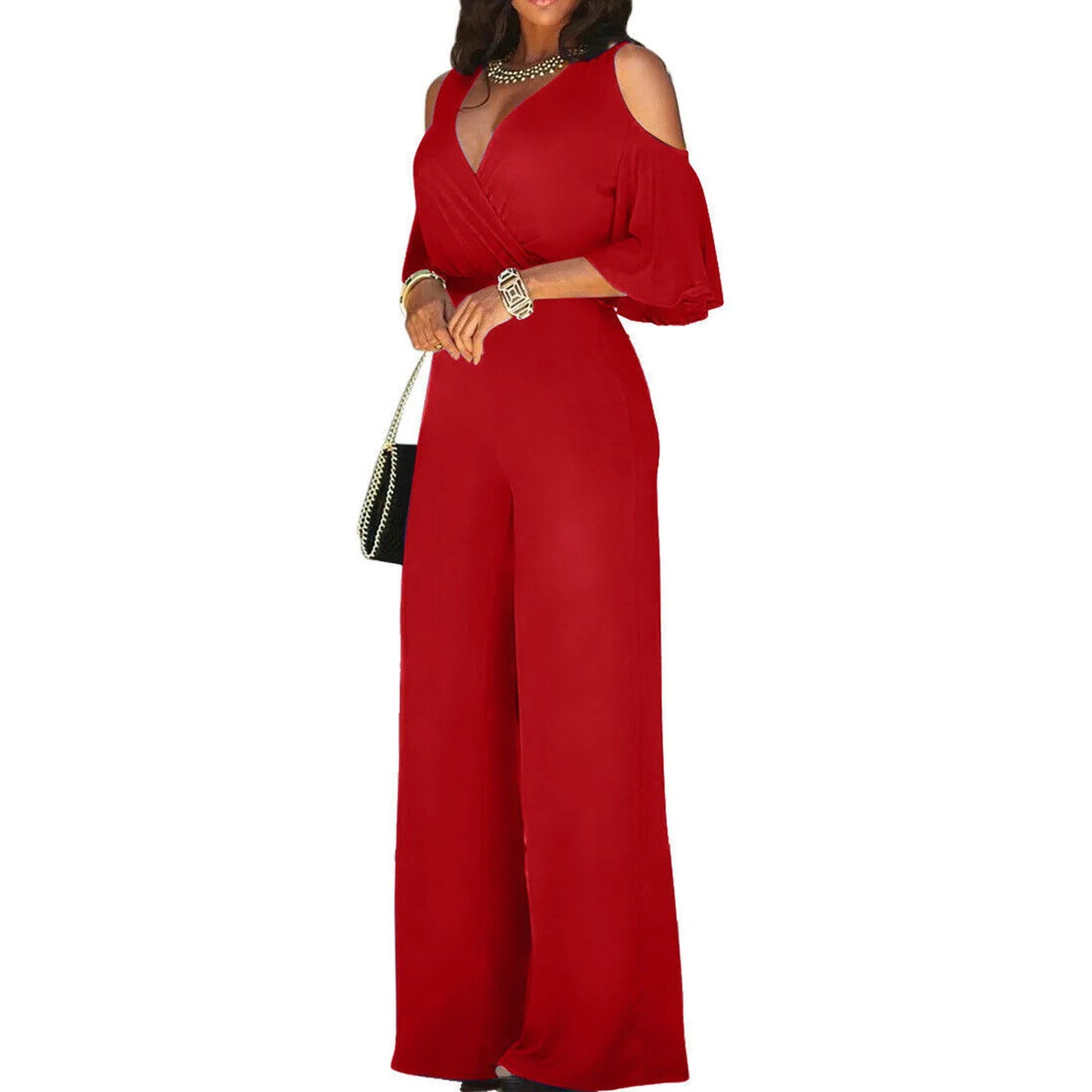 Women's Jumpsuit with Cutout Shoulder, Elegant 3/4 Sleeves, Wide Leg, and Wrap Neckline