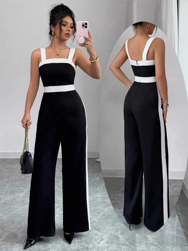 Women's Black and White Elegant Wide-Leg Jumpsuit