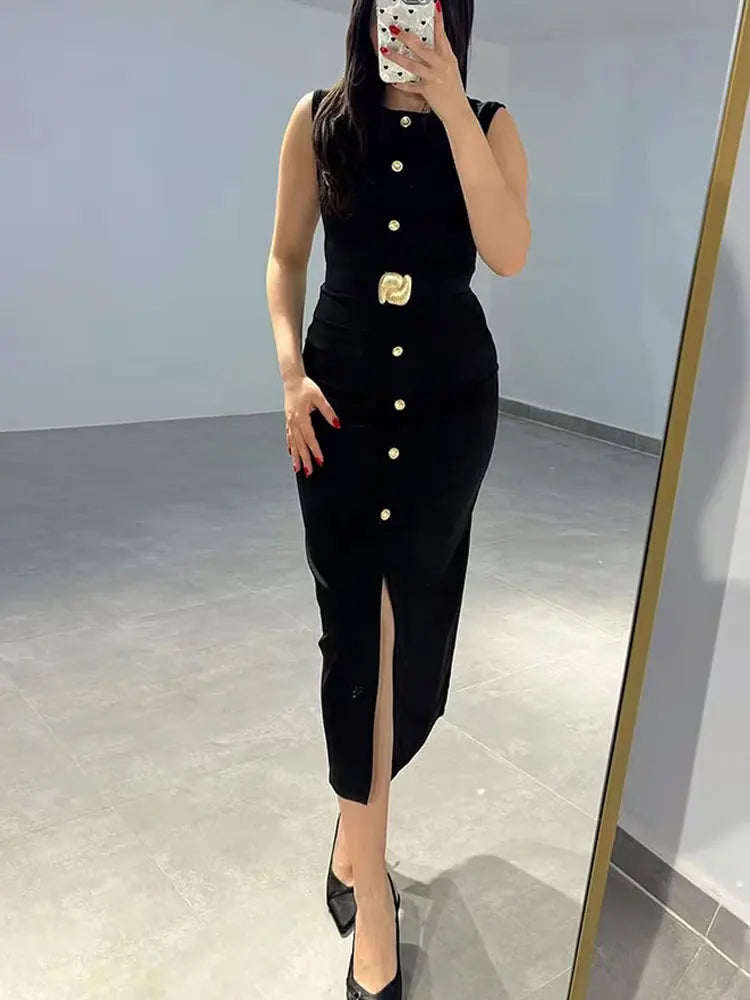 Women's Midi Formal Dress with Buttons and Slit