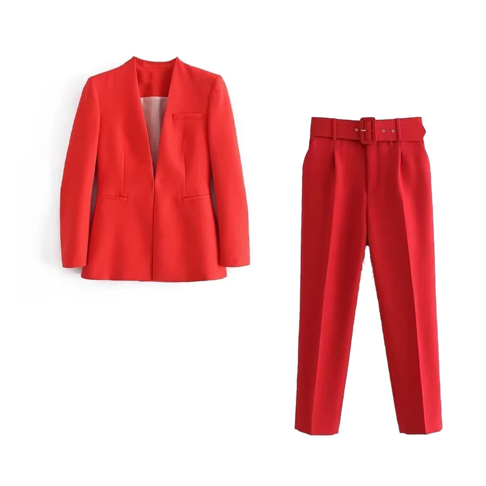 Women's Formal Suit: Blazer and Tailored Trousers with Belt