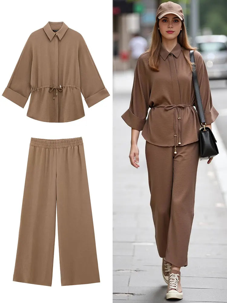 Women's Casual Brown Dress Set: Shirt with Tie Detail and Comfortable Straight Leg Pants