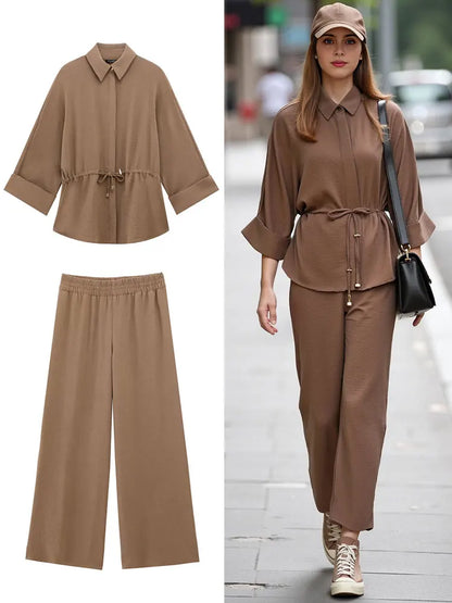 Women's Casual Brown Dress Set: Shirt with Tie Detail and Comfortable Straight Leg Pants