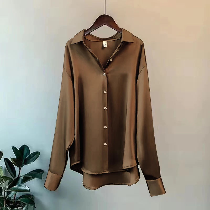 Elegant Women's Satin Long-Sleeved Shirt for Casual or Formal Looks
