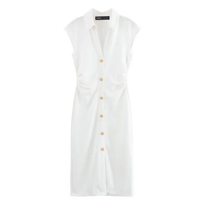 Women's Midi Formal Dress with Gold Buttons and Collar