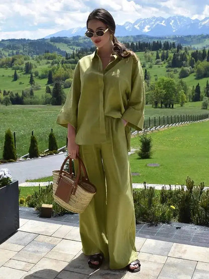 Women's Linen Set | Oversized Shirt and Wide Leg Pants
