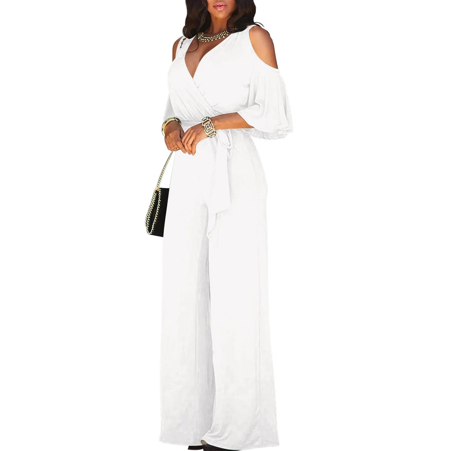 Women's Jumpsuit with Cutout Shoulder, Elegant 3/4 Sleeves, Wide Leg, and Wrap Neckline