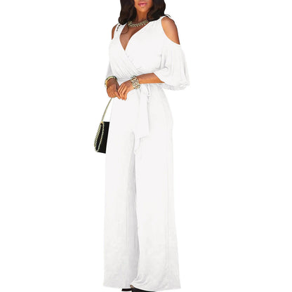 Women's Jumpsuit with Cutout Shoulder, Elegant 3/4 Sleeves, Wide Leg, and Wrap Neckline