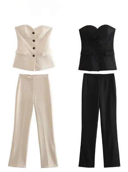 Women's Tailored Set: Corset Top with Buttons and Straight Leg Pants