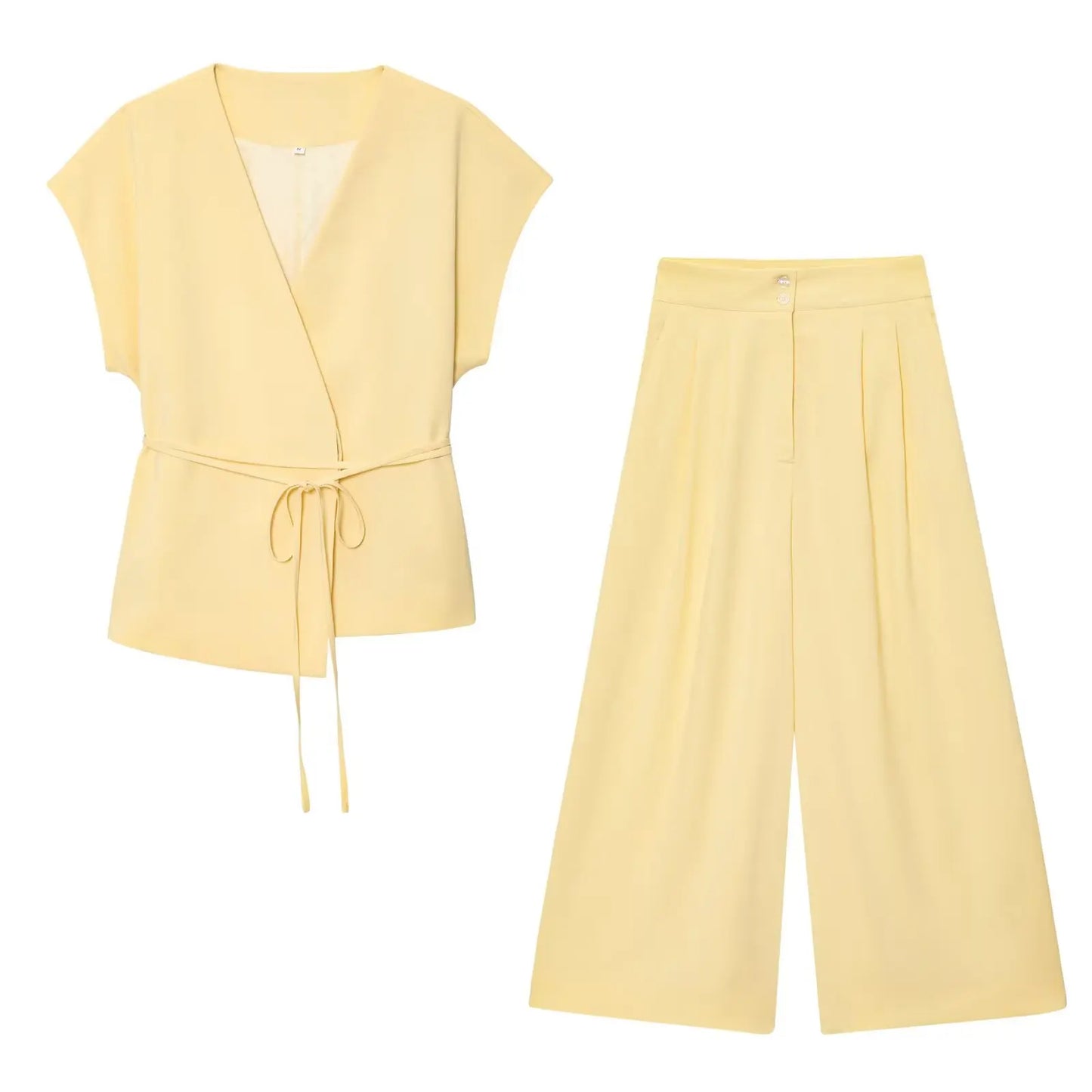 Women's Fashion pants and blouse set, consisting of a sleeveless blouse with a V-neck and tie detail, ideal for spring/summer.