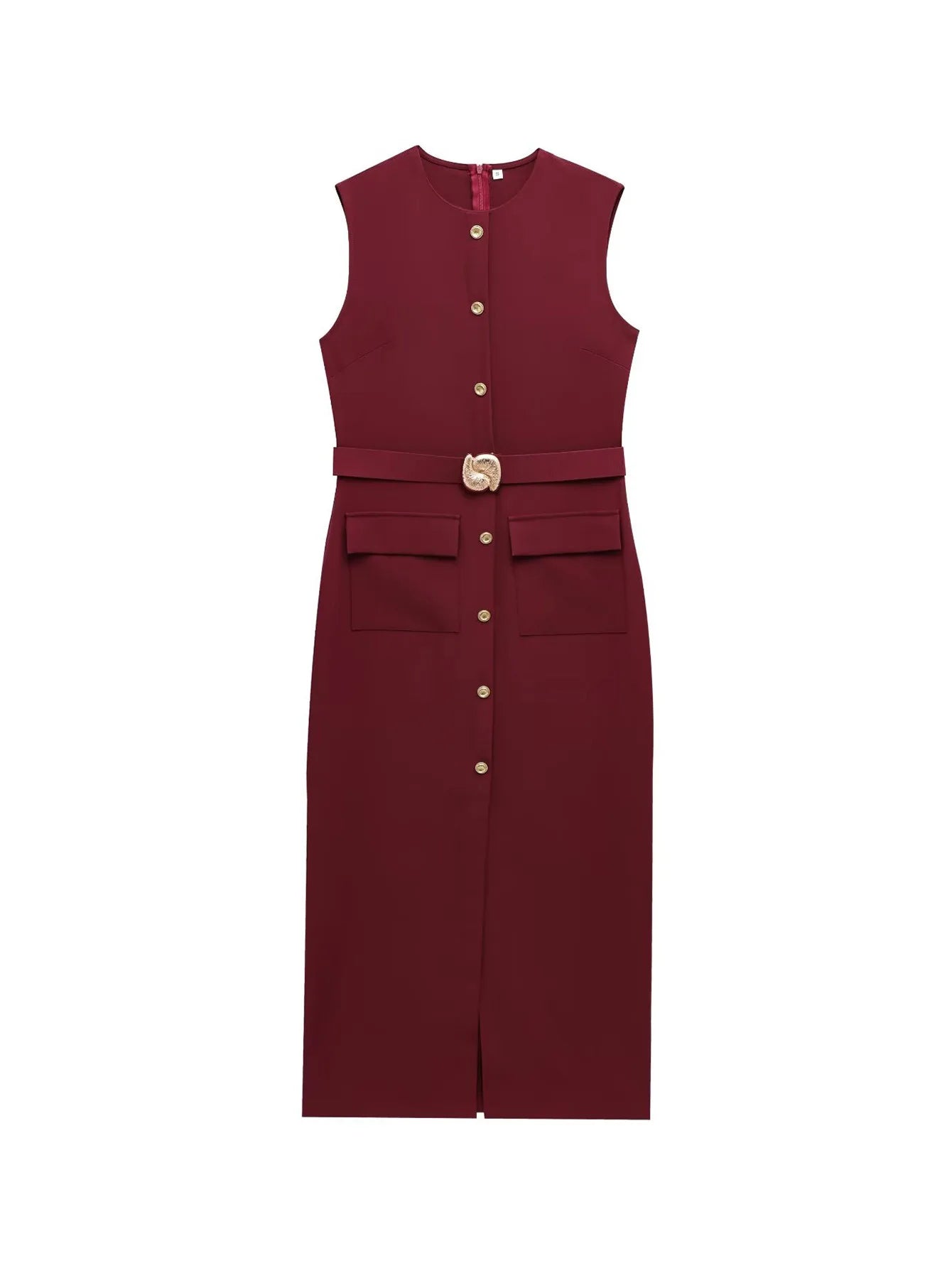 Women's Midi Formal Dress with Buttons and Slit