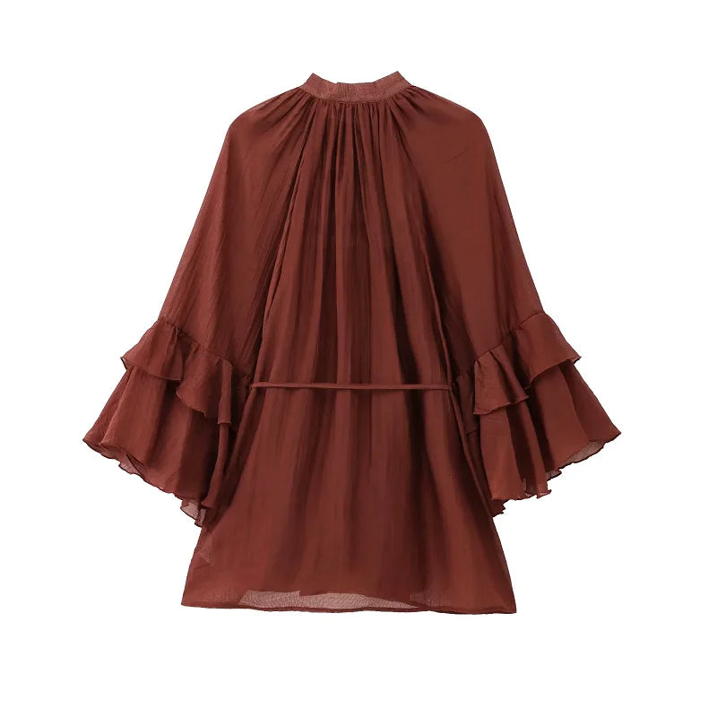 Women's Short Brown Dress with Flare Sleeves and Ruffles, Boho Chic Style, in Chiffon