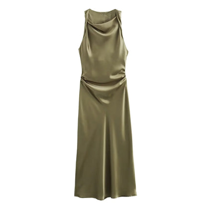 Women's Satin Midi Slip Dress, Elegant with Drape