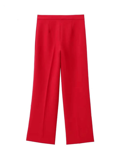 Women's Red Formal Outfit: Tailored Vest and Elegant Straight-Leg Trousers