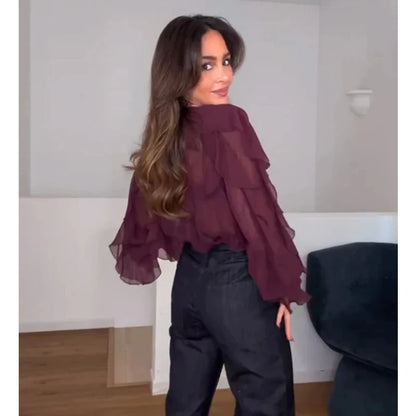 Women's blouses with ruffles, semi-sheer, casual, for spring, fairy-like style, with long sleeves.