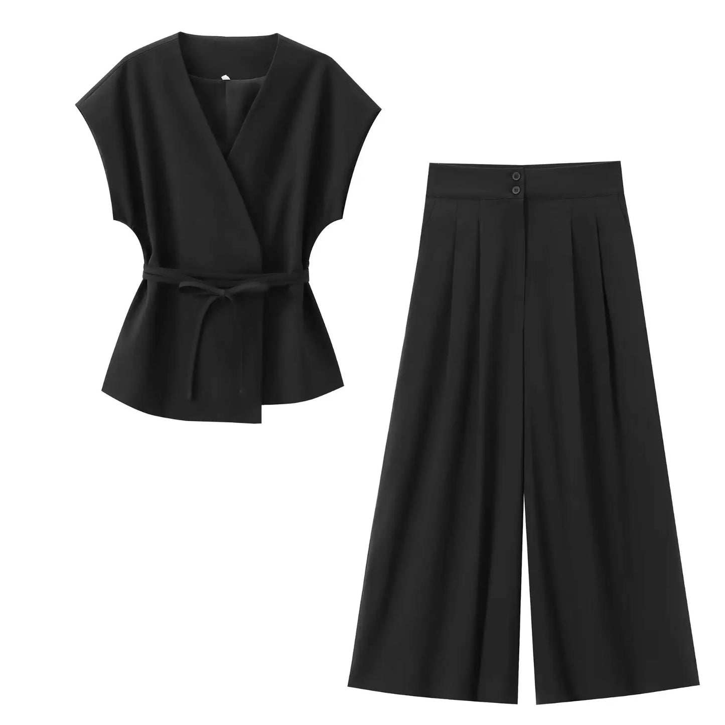 Women's Fashion pants and blouse set, consisting of a sleeveless blouse with a V-neck and tie detail, ideal for spring/summer.