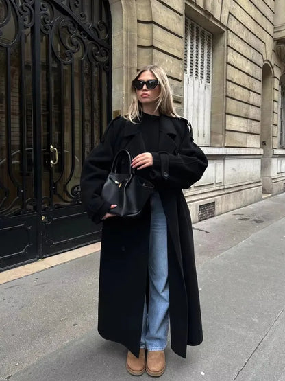 Women's Oversized Black Long Coat for Winter, Elegant, Street Chic Style