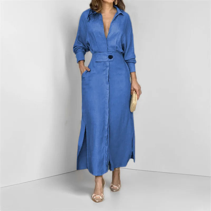 Elegant Women's Long Shirt Dress with Belt, Long Sleeves, Pockets, and Side Slit