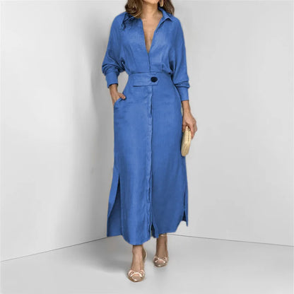 Elegant Women's Long Shirt Dress with Belt, Long Sleeves, Pockets, and Side Slit