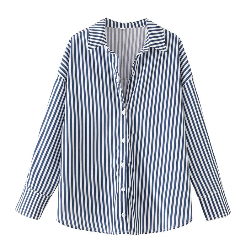 Women's Striped Casual Elegant Shirt, Button-Down Dress Shirt, Long-Sleeved Striped Blouse