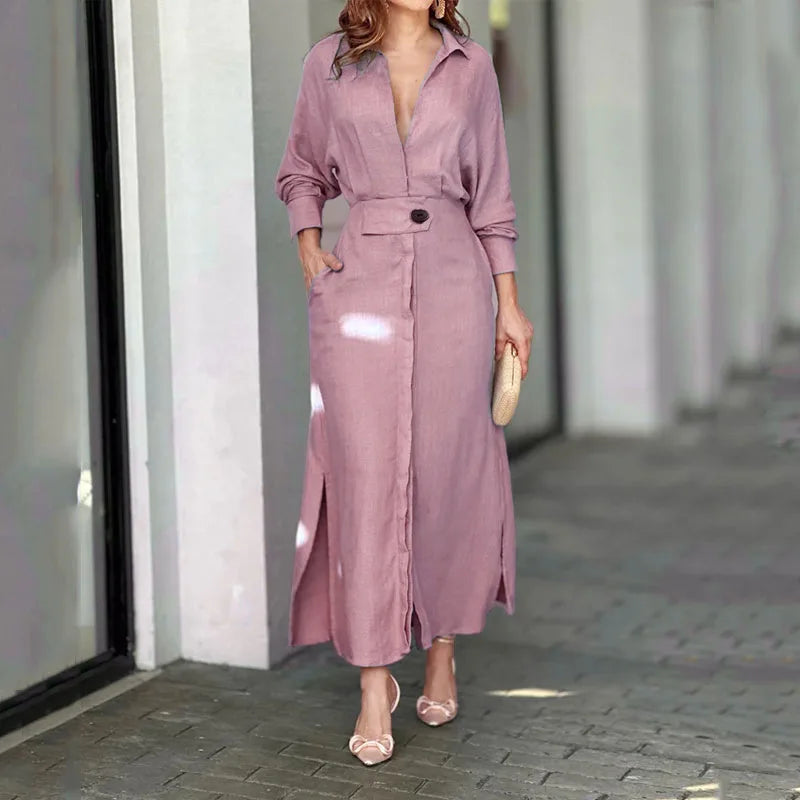 Elegant Women's Long Shirt Dress with Belt, Long Sleeves, Pockets, and Side Slit